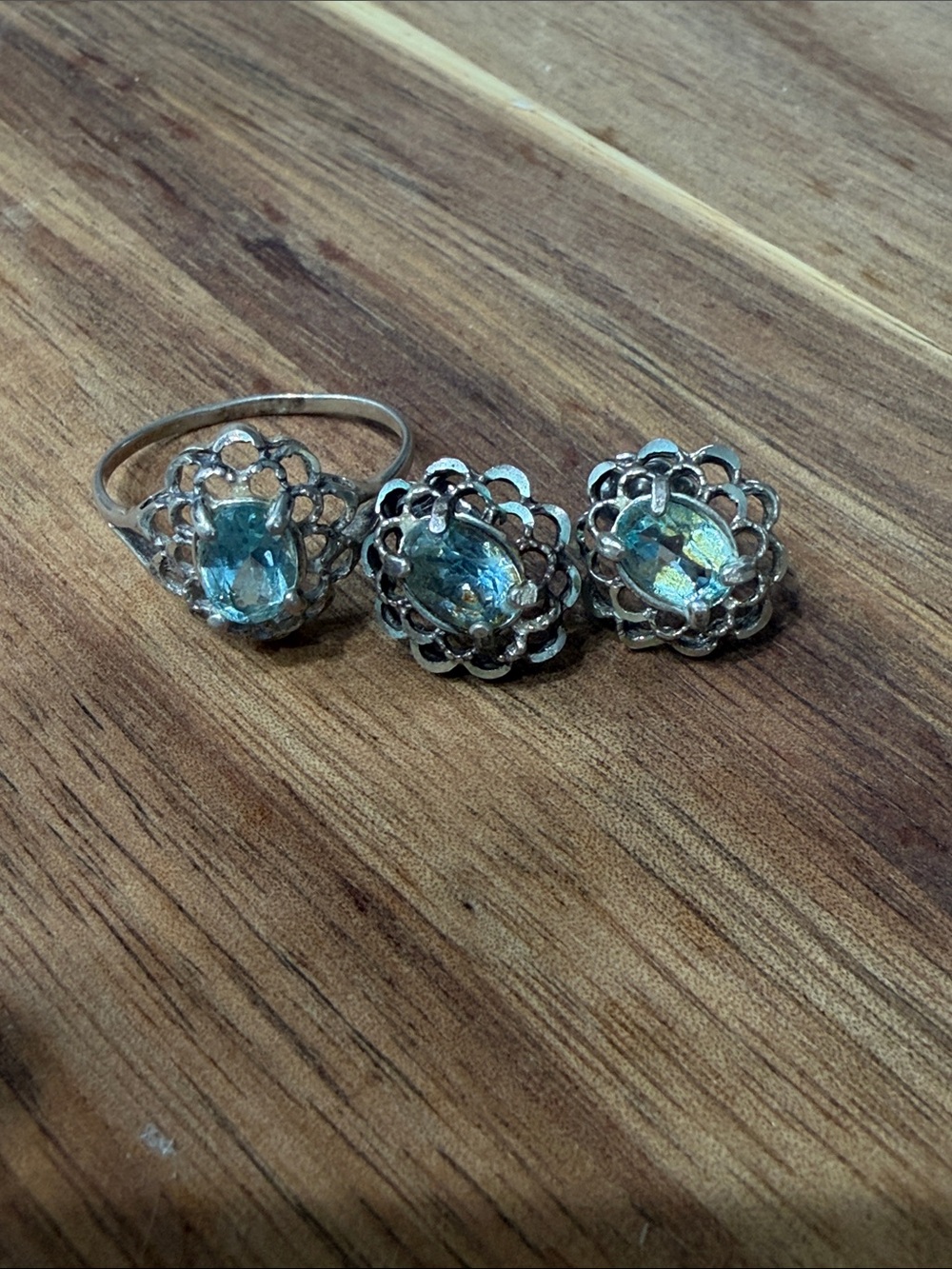 Sterling Silver Blue Gemstone Filigree Ring and matching Earrings - Blue Size 8